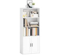 HOMCOM Mobile Libreria a 5 Livelli, con 2 Ante, 60x30x145.5 cm, Bianco | Mobiletto Scaffale, Ripiani Aperti, Mensola Interna Regolabile, Libreria di Design, per Salotto e Ufficio