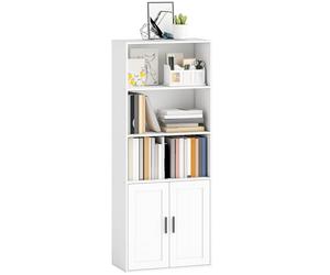 HOMCOM Mobile Libreria a 5 Livelli, Mobiletto Scaffale con 2 Ante, Ripiani Aperti e Mensola Interna Regolabile, Libreria di Design per Salotto e Ufficio, 60x30x145.5 cm, Bianco