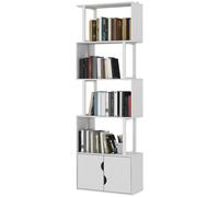 HOMCOM Libreria Scaffale a 5 Ripiani, Libreria Verticale Salvaspazio a Forma di S con Armadietto a 2 Ante, Scaffale Divisorio per Stanza, Soggiorno, Camera da Letto e Ufficio, 60x23.8x179.2cm, Bianco