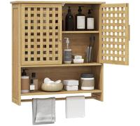 HOMCOM Mobile Pensile da Bagno in Bambù, Armadietto a Parete con 2 Ante a Griglia, Ripiano Aperto e Ripiano Regolabile, per WC e Lavanderia, Naturale