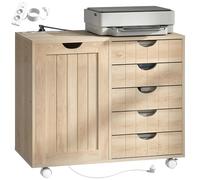 HOMCOM Mobile per stampante con stazione di ricarica e ruote, supporto per stampante con 5 cassetti, porte USB, ripiano regolabile per ufficio domestico, naturale