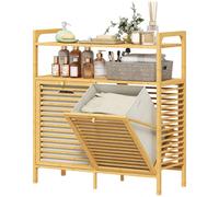HOMCOM Mobile Portabiancheria da Bagno con 2 Scomparti a Ribalta, 2x41L, Mobile Biancheria Sporca in Bambù con Cesti Rimovibili Lavabili e 2 Ripiani, per Lavanderia e Bagno, 82x33x88 cm, Color Legno