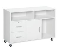 HOMCOM Mobile Porta Stampante a Rotelle con 2 Cassetti Chiudibile a Chiave, 3 Ripiani e Armadietto, Mobile Stampante per Documenti da Ufficio e Studio, 100x35x65 cm, Bianco