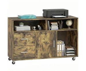 HOMCOM Mobile Porta Stampante a Rotelle con 2 Cassetti Chiudibile a Chiave, 3 Ripiani e Armadietto, Mobile Stampante per Documenti da Ufficio e Studio, 100x35x65 cm, Marrone Rustico