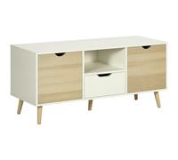 HOMCOM Mobile Porta TV max 50" Moderno con Cassetto, Ripiano Aperto e 2 Armadietti, Mobile TV con 5 Gambe in Legno di Pino, 110x40x50 cm, Bianco e Colore Legno