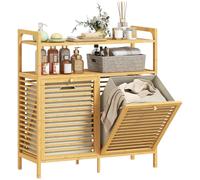 HOMCOM Mobile Portabiancheria da Bagno con 2 Scomparti a Ribalta, 2x41L, Mobile Biancheria Sporca in Bambù con Cesti Rimovibili Lavabili e 2 Ripiani, per Lavanderia e Bagno, 82x33x88 cm, Color Legno