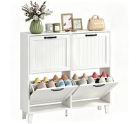 HOMCOM Scarpiera Salvaspazio Slim 4 Ante a Ribalta 99.5x24x93.3cm Bianco | Scarpiera Ingresso, Ripiani Regolabili, Gambe in Bambù, Maniglia, Porta Scarpe 16-20 Paia, per Ingresso Corridoio