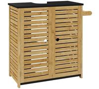 HOMCOM Mobile Sottolavabo con 2 Ante e Porta Asciugamani, Mobiletto Bagno Sotto Lavandino a Doghe con Intaglio a U, Colore Legno e Nero