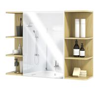 HOMCOM Mobile Bagno a Parete con Specchio e 6 Ripiani Aperti, Specchiera Bagno con Armadietto e 2 Ripiani Interni, 80x20x59 cm, Color Legno