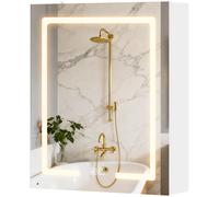 HOMCOM Specchio Bagno Contenitore con Luci LED, 50x15x60 cm Mobile Bagno con Specchio, Antiappannamento, Ripiani Regolabili, 3 Temperature di Colori Dimmabile, Mobilettto da Parete in Vetro, Bianco