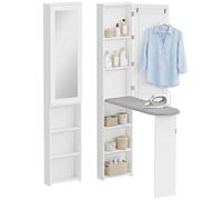 HOMCOM Mobile Asse da Stiro Pieghevole Salvaspazio con Specchio, Mobile da Stiro Multiuso con 6 Scomparti, 2 Ganci, per Lavanderia Bagno, 107x35x174 cm, Bianco