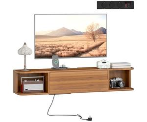 HOMCOM Mobile TV Sospeso con Prese di Corrente, USB e Tipo C, Mobile Porta TV Fino a 50", Cassetto Scorrevole, Ripiani Aperti, Fori Passacavi per Soggiorno o Camera da Letto, 120x24x22.4 cm, Noce