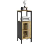 HOMCOM Mobiletto Bagno Salvaspazio con Ripiano Aperto e Armadietto con Ripiano Regolabile, Mobile da Bagno in MDF e Bambù, 32x30x90.5 cm, Nero e color Legno