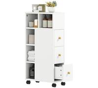 HOMCOM Mobiletto Bagno Salvaspazio con Ruote a Freno, Mobile Bagno con 3 Cassetti e 5 Vani Aperti con Ripiani Regolabili, Mobile Salvaspazio Slim, 20x40x80 cm, Bianco