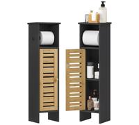 HOMCOM Mobiletto da bagno 21x17x78 cm, bambù e legno nero | Portarotolo carta igienica, ripiani a 3 livelli, barra rimovibile, dispenser per carta