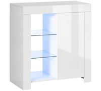 HOMCOM Mobiletto da Salotto Bianco in Truciolato e Metallo con Luci LED Blu, 3 Ripiani Aperti e Armadietto con Anta, 75x35x82 cm