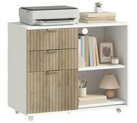 HOMCOM Mobiletto Portastampante con 3 Cassetti e Ripiani Aperti, Design Ondulato con Ruote, per Cartelle A4 e Letter, Bianco Rovere