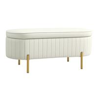 HOMCOM Panca Contenitore Ingresso Ovale 72L Design Scanalato con Coperchio Sollevabile e Seduta Imbottita, Panca Fondo Letto Pouf Cassapanca in Velluto e Gambe in Legno di Pino, 108x44x43.5 cm, Crema