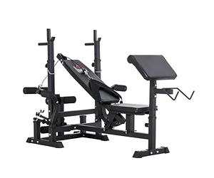 HOMCOM Panca da Palestra con Supporto per Bilanciere e Schienale Regolabile, Panca Pesi con Leg Extension e Leg Curl, Rack per Bilancieri, per Casa Palestra, Nero