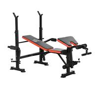 HOMCOM Panca Multifunzione Regolabile su 3 Altezze con Supporto per Bilanciere, Panca Pesi in Acciaio e Plastica, con Leg Extension, Barbell Rack, Preacher Curl Pad, Butterfly, Rosso e Nero