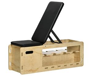 HOMCOM Panca Palestra con Schienale Regolabile a 6 Livelli, Panca Addominali Multifunzione Inclinabile, con Vano Contenitore e Rack per Pesi, Bande di Resistenza, per Allenamento Casa, Color Legno