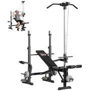 HOMCOM Panca Palestra Multifunzione con Pulley System, Supporto Bilanciere e Schienale Regolabili, Panca Pesi Inclinabile Piana con Leg Extension, Chest Expansion, Portapesi, Allenamento Palestra Casa