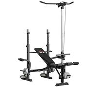 HOMCOM Panca Palestra Multifunzione con Pulley System, Supporto Bilanciere e Schienale Regolabili, Panca Pesi Inclinabile Piana con Leg Extension, Chest Expansion, Portapesi, Allenamento Palestra Casa