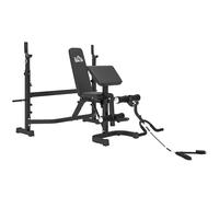 HOMCOM Panca Palestra Multifunzione Regolabile con Rack Bilanciere, Pad per Gomiti e Schienale, Panca Pesi Inclinabile Piana con Leg Extension, Low Row, Arm Curl, Addominali, Allenamento Palestra Casa