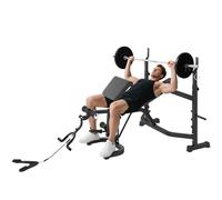 HOMCOM Panca Palestra Multifunzione Regolabile con Rack Bilanciere, Pad per Gomiti e Schienale, Panca Pesi Inclinabile Piana con Leg Extension, Low Row, Arm Curl, Addominali, Allenamento Palestra Casa