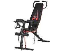 HOMCOM Panca regolabile con corde elastiche per allenamento a casa, 6 livelli, peso fino a 150 kg, in acciaio, in ecopelle, colore nero e rosso, 145 x 49 x 57-127 cm