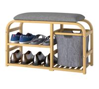 HOMCOM Panca Scarpiera da Ingresso con Seduta Imbottita, Mobile Porta Scarpe con Design a Doghe e Cestino Estraibile, 70x30x45 cm, Color Legno