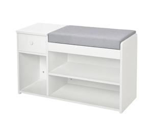 HOMCOM Panca Scarpiera con Cuscino, Cassetto e 3 Vani Aperti, Mobile per Ingresso in Legno 81x31.5x49cm, Bianco