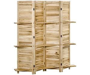 HOMCOM Paravento da Interni Pieghevole a 4 Ante, Separé con Ripiani e Design a Doghe, Divisorio per Ambienti in Legno di Paulonia per Casa e Ufficio, 162x170 cm, Legno