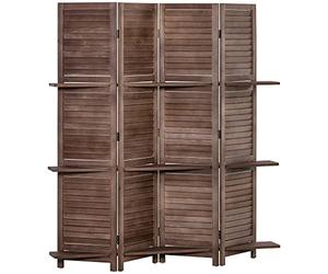 HOMCOM Paravento in legno 4 pannelli 162 x 170 cm con 3 ripiani divisorio pieghevole divisorio interno color noce