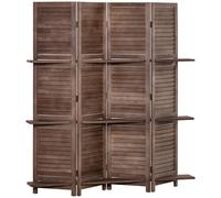HOMCOM Paravento Interno a 4 Pannelli 162L x 170H cm 3 Ripiani Pieghevoli Separatore di Ambiente Porte a Persiana Legno di Paulownia Noce