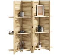 HOMCOM Paravento Interno, in Legno, 4 Pannelli, 160 x 170 cm, Divisorio Pieghevole, con 3 Ripiani, per Soggiorno, Camera da Letto, Casa, Colore: Legno Naturale