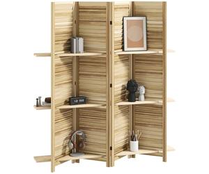 HOMCOM Paravento Interno, in Legno, 4 Pannelli, 160 x 170 cm, Divisorio Pieghevole, con 3 Ripiani, per Soggiorno, Camera da Letto, Casa, Colore: Legno Naturale