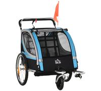 HOMCOM Passeggino e Rimorchio Bici Bambini 2 in 1 con Tasche e Bandierina Verde
