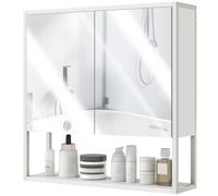 HOMCOM Specchio Bagno Contenitore a Parete con Soft Close, Mobile Bagno con Specchio, Mensola Regolabile e Ripiano Aperto, Specchiera Bagno in Legno e Acciaio, 60x16x60 cm, Bianco