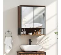 HOMCOM Pensile da bagno con specchio, 56 x 65 cm, mobile da bagno, mobile a specchio con vano a giorno, anta con chiusura ammortizzata, marrone