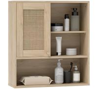 HOMCOM Pensile, pensile da bagno con anta scorrevole in rattan e ripiani aperti, pensile da bagno in stile bohémien, pensile sospeso, 60 x 20 x 65 cm, legno naturale