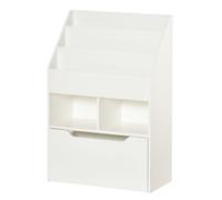 HOMCOM Piccola Libreria per Bambini con Ripiani, Cassetto e Ruote, Scaffale per Giocattoli e Libri in MDF per Cameretta, 60x29.9x90cm, Bianco