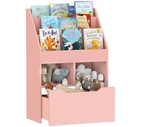 HOMCOM Piccola Libreria per Bambini con Ripiani, Cassetto e Ruote, Scaffale per Giocattoli e Libri in MDF per Cameretta, 60x29.9x90cm, Rosa