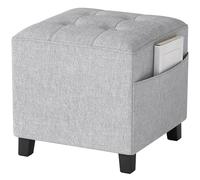 HOMCOM Poggiapiedi quadrato, piccolo pouf con tasca laterale, poggiapiedi in tessuto di lino, con gambe in legno di gomma e seduta imbottita per soggiorno, camera da letto, ingresso, 35 x 35 x 35 cm