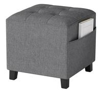 HOMCOM Poggiapiedi quadrato, piccolo pouf con tasca laterale, poggiapiedi in tessuto di lino, con gambe in legno di gomma e seduta imbottita per soggiorno, camera da letto, ingresso, 35 x 35 x 35 cm,