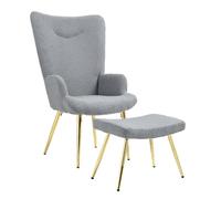 HOMCOM Poltrona con poggiapiedi poltrona lounge poltrona da lettura con gambe in acciaio dorato, schienale alto e tessuto bouclette, per soggiorno camera da letto grigio