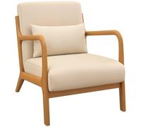 HOMCOM Poltrona da Salotto in Legno di Caucciù con Cuscino Lombare Sfoderabile e Schienale, Poltroncina Camera da Letto Sedia Moderna Imbottita con Braccioli, Portata 120 kg, 61x78x76 cm, Beige