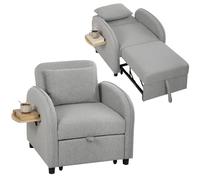 HOMCOM Poltrona Letto Singolo 3 in 1 Estraibile, Schienale Regolabile 3 Posizioni, Cuscino, Tavolino, Divano Letto Imbottito Salvaspazio in Tessuto Effetto Lino e Legno con Tasca, 78x88x82cm, Grigio