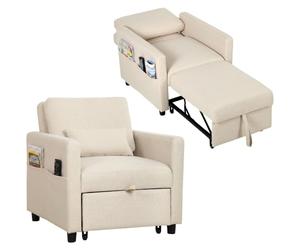 HOMCOM Poltrona Letto Singolo 3 in 1 Pieghevole, Schienale Regolabile 3 Posizioni, 2 Cuscini, Divano Letto Estraibile Salvaspazio in Tessuto Effetto Lino e Legno con Ruote, Tasche, 78x94.5x83cm, Crema