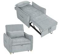 HOMCOM Poltrona Letto Singolo 3 in 1 Pieghevole, Schienale Regolabile 3 Posizioni, Seduta Ampia, Cuscino Sfoderabile, Divano Letto Trasformabile in Ciniglia con Ruote, Tasche, 88x84x87cm, Grigio